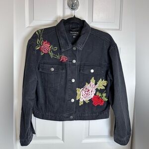 Haute Monde Floral Embroidered Black Denim Jacket
